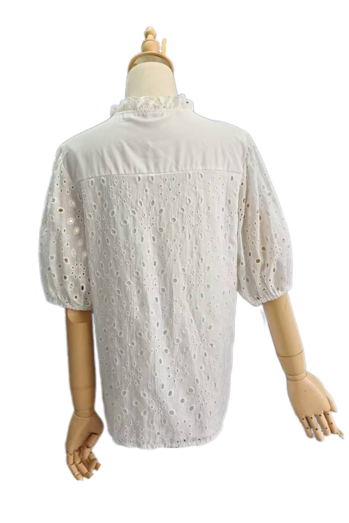 Rosa Clothing - Bohemia Crochet lace Eyelet high neck short sleeve blouse