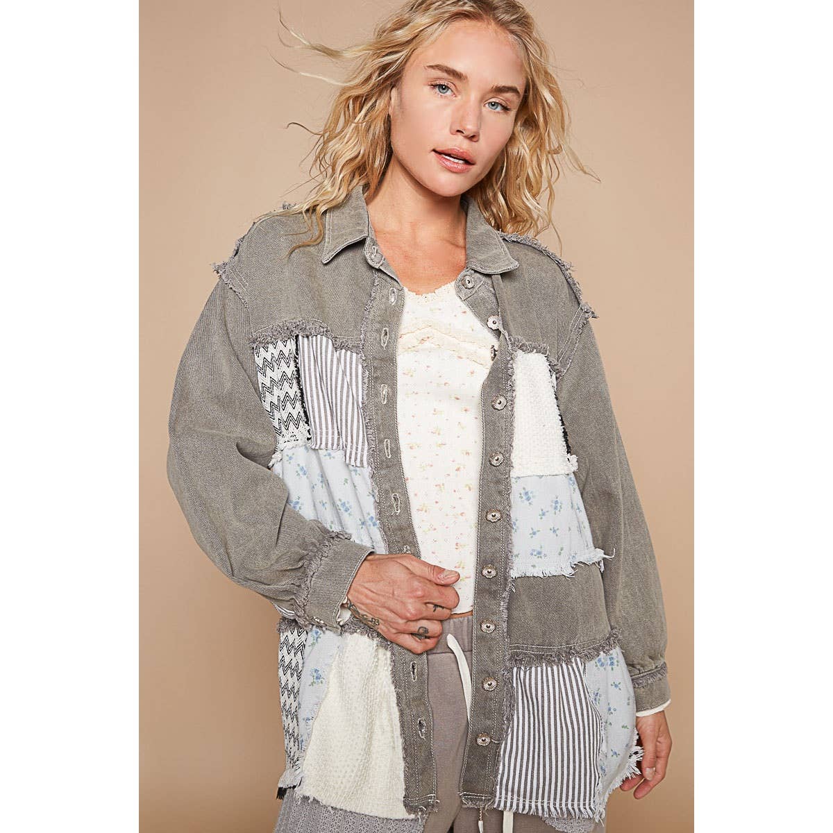 Pol Clothing - Oversize balloon sleeve mix fabrication jacket
