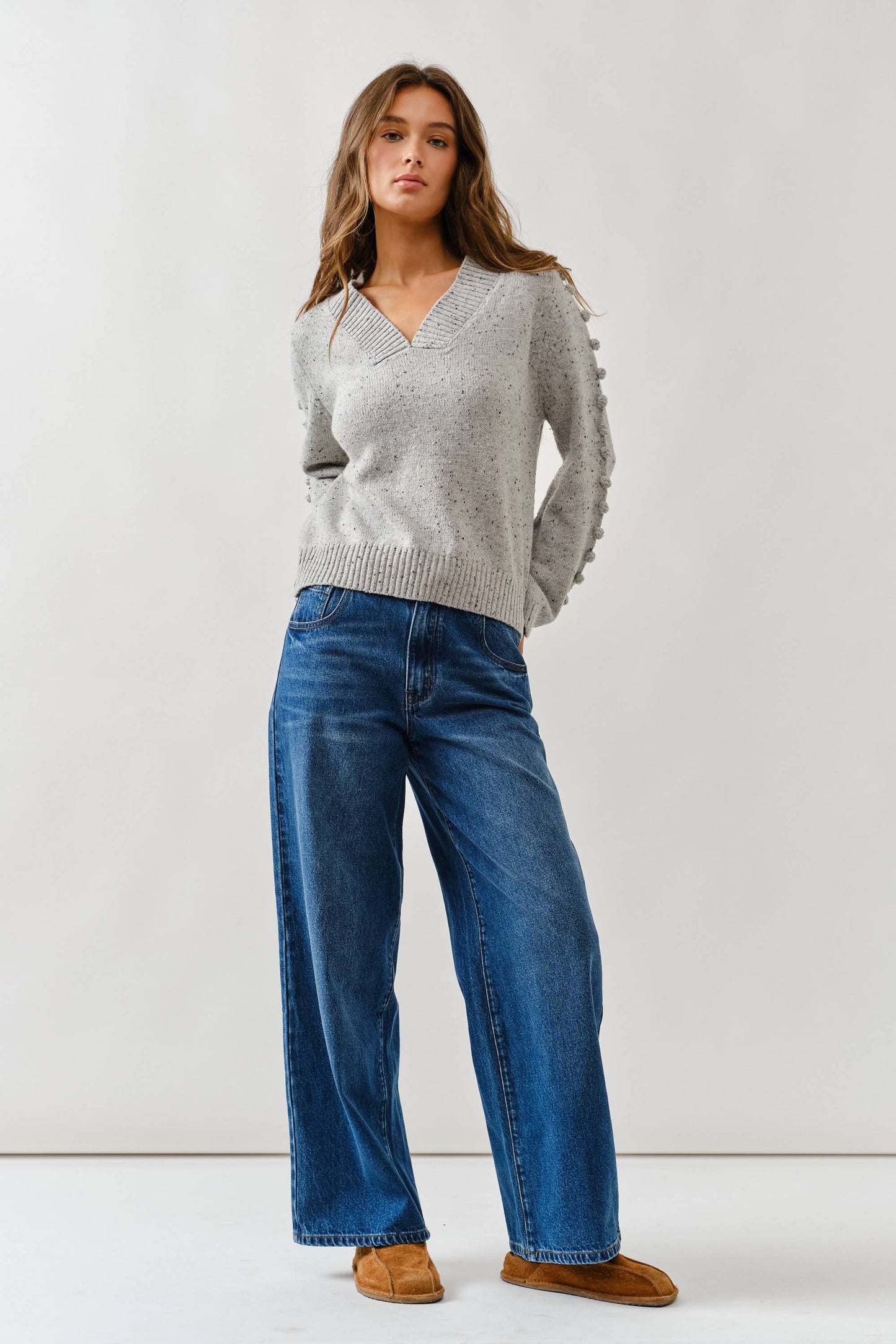 Aaron & Amber - MAS2843 POMPOM LONG SLEEVES V NECK SWEATER