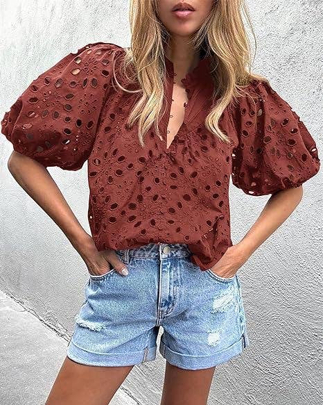 Rosa Clothing - Bohemia Crochet lace Eyelet high neck short sleeve blouse