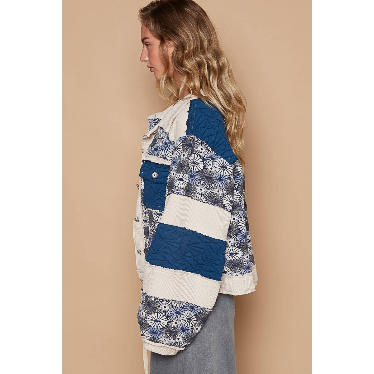 Pol Clothing - Vintage washed jacquard color block jacket
