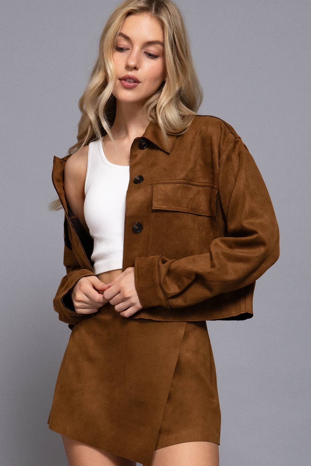 Active Basic | Active USA - Long Sleeve with Front Patch Pocket Faux Suede Short Jacket
