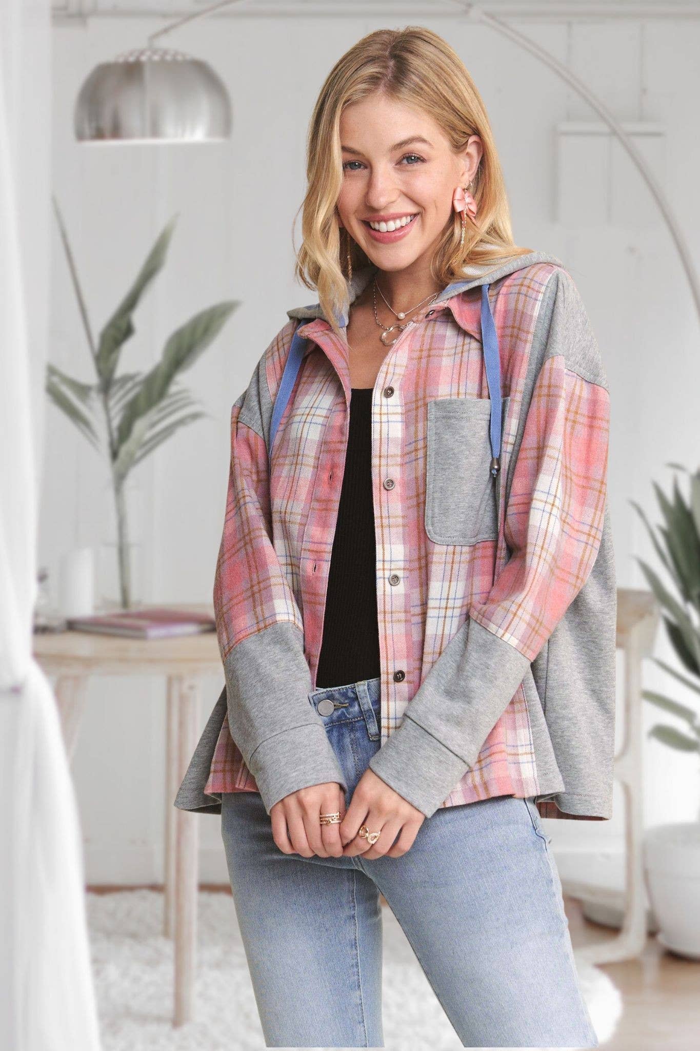 ADORA LA - CEJ3671WN - BUTTON DOWN PLAID HOODIE SHACKET