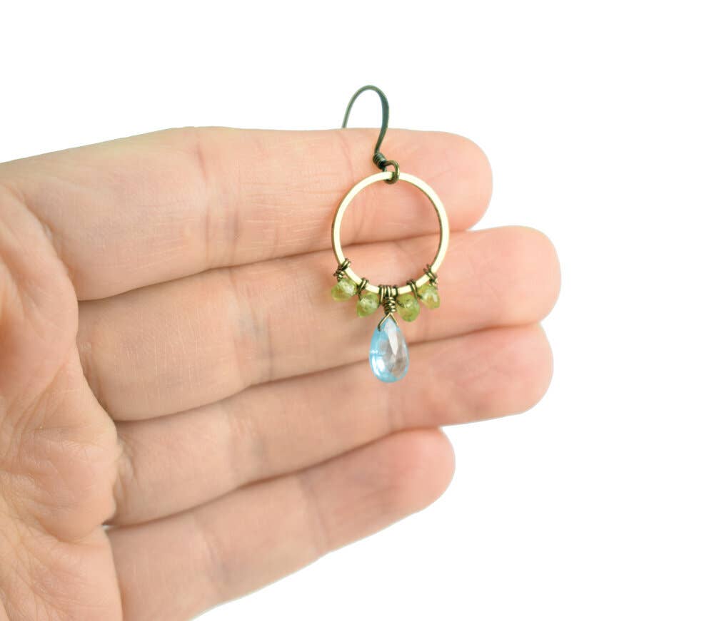 Edgy Petal Jewelry - Sky Blue Topaz and Peridot Beaded Wrapped Hoop Earrings