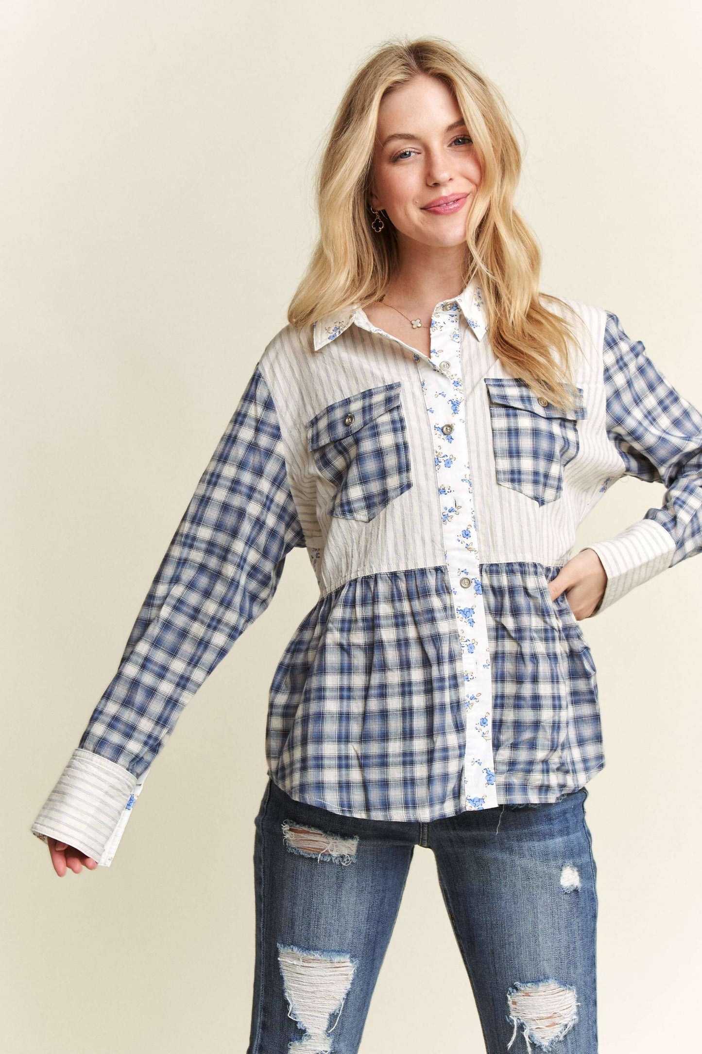 ADORA LA - BUTTON DOWN FABRIC MIX BABYDOLL SHIRT