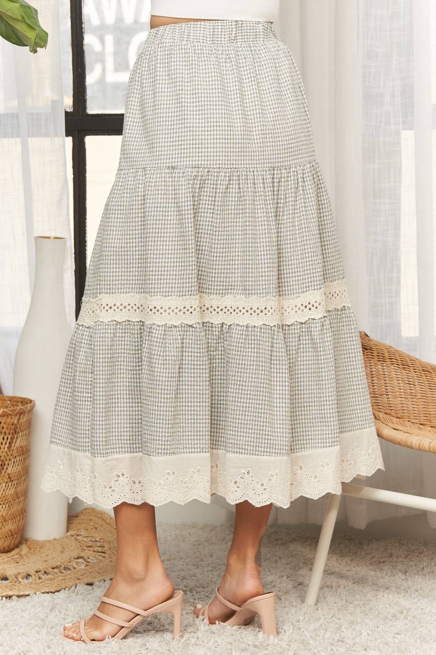 ADORA LA - CES4088 -GINGHAM TIERED MIDI SKIRT LACE TRIM