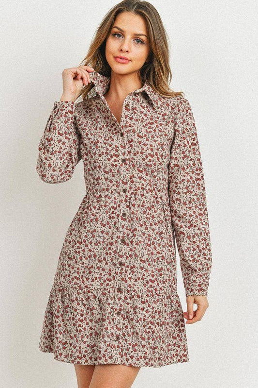 Corduroy Printed Button Down Front Collar Long Sleeve Dress