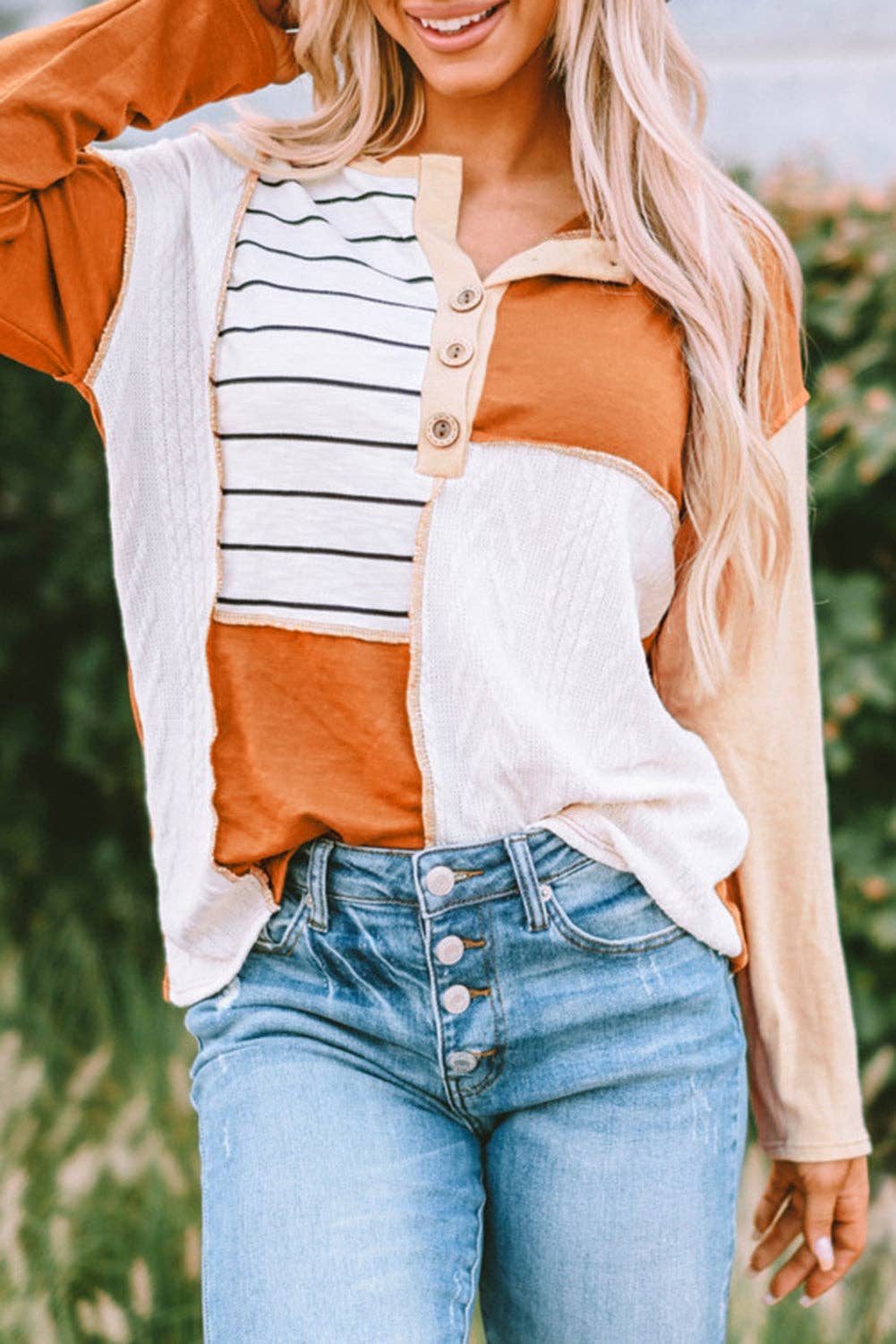 Lovesoft - Orange Stripe Color Block Splicing Long Sleeve Henley Top