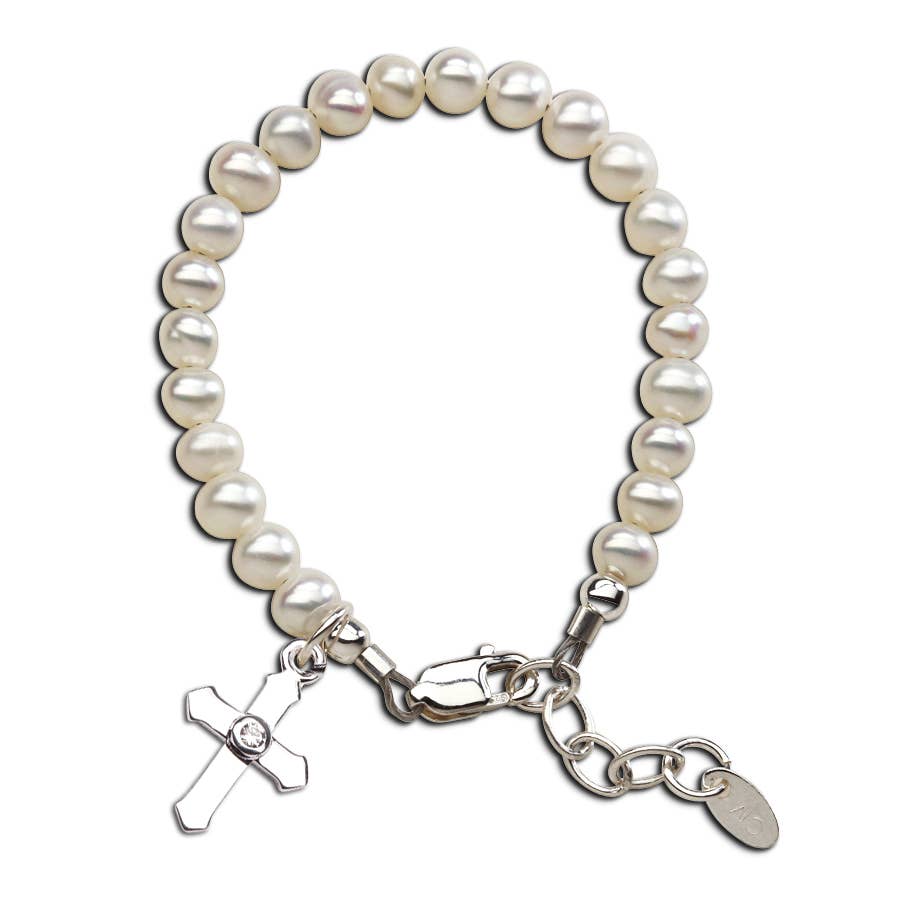 Cherished Moments - Kids Sterling Silver Pearl Baby Girl Baptism Cross Bracelet