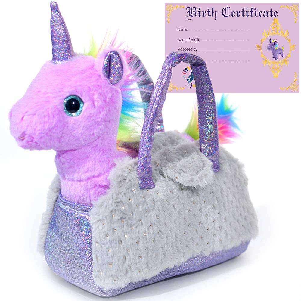 Plush Pet Purse Set with Birth Certificate - Purple Unicorn with Grey Bag