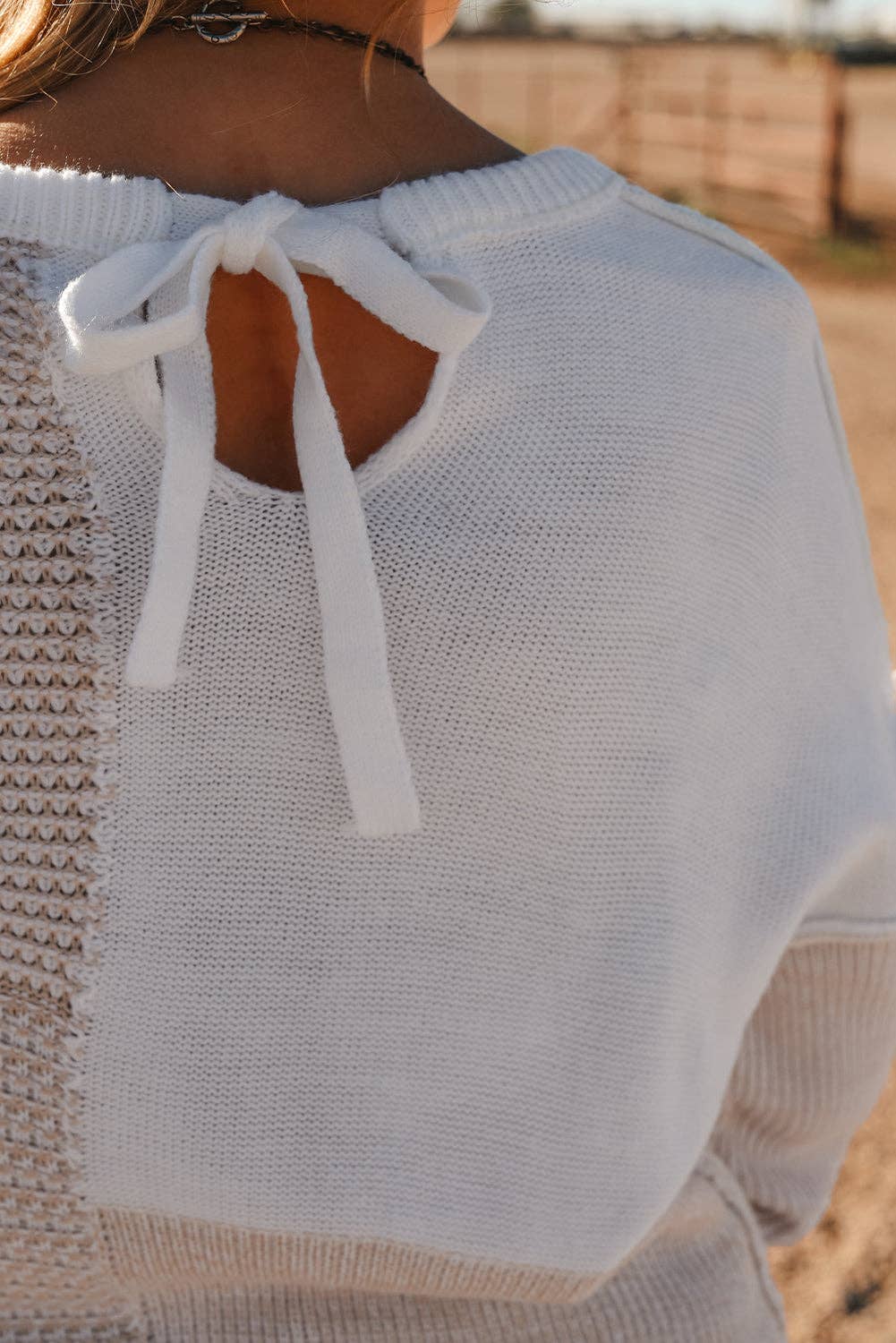 Lovesoft - Oatmeal Mixed Pattern Knit Tie Keyhole Drop Shoulder Sweater