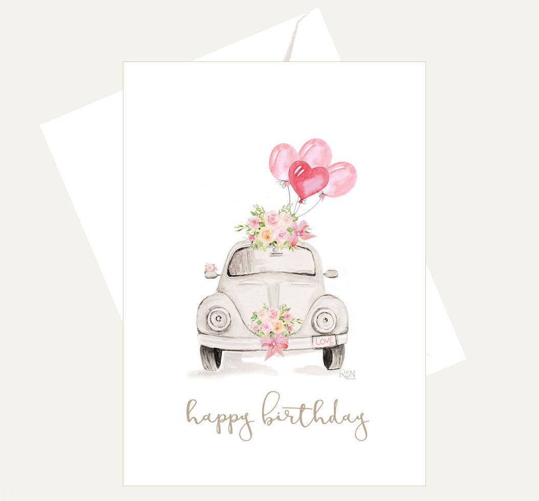 Bellflower Girl - Happy Birthday - Watercolor - VW Bug Pink Balloons Card