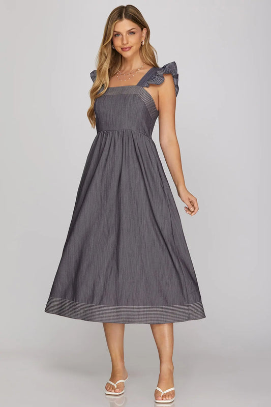 Denim Ruffle Shoulder Dress
