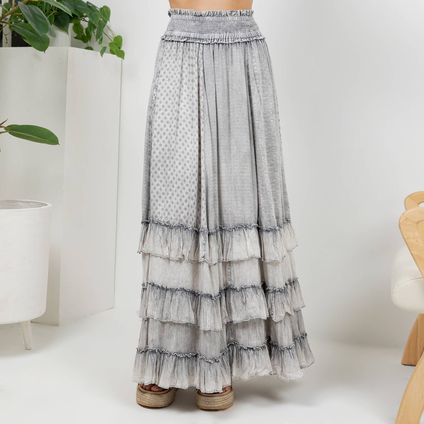 Young Threads - Rustic Textured Smocked Waist Ruffled Tiered Maxi Skirt