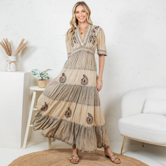 Young Threads - Boho Breeze: 5 Tiers V Neck Long Maxi Dress 