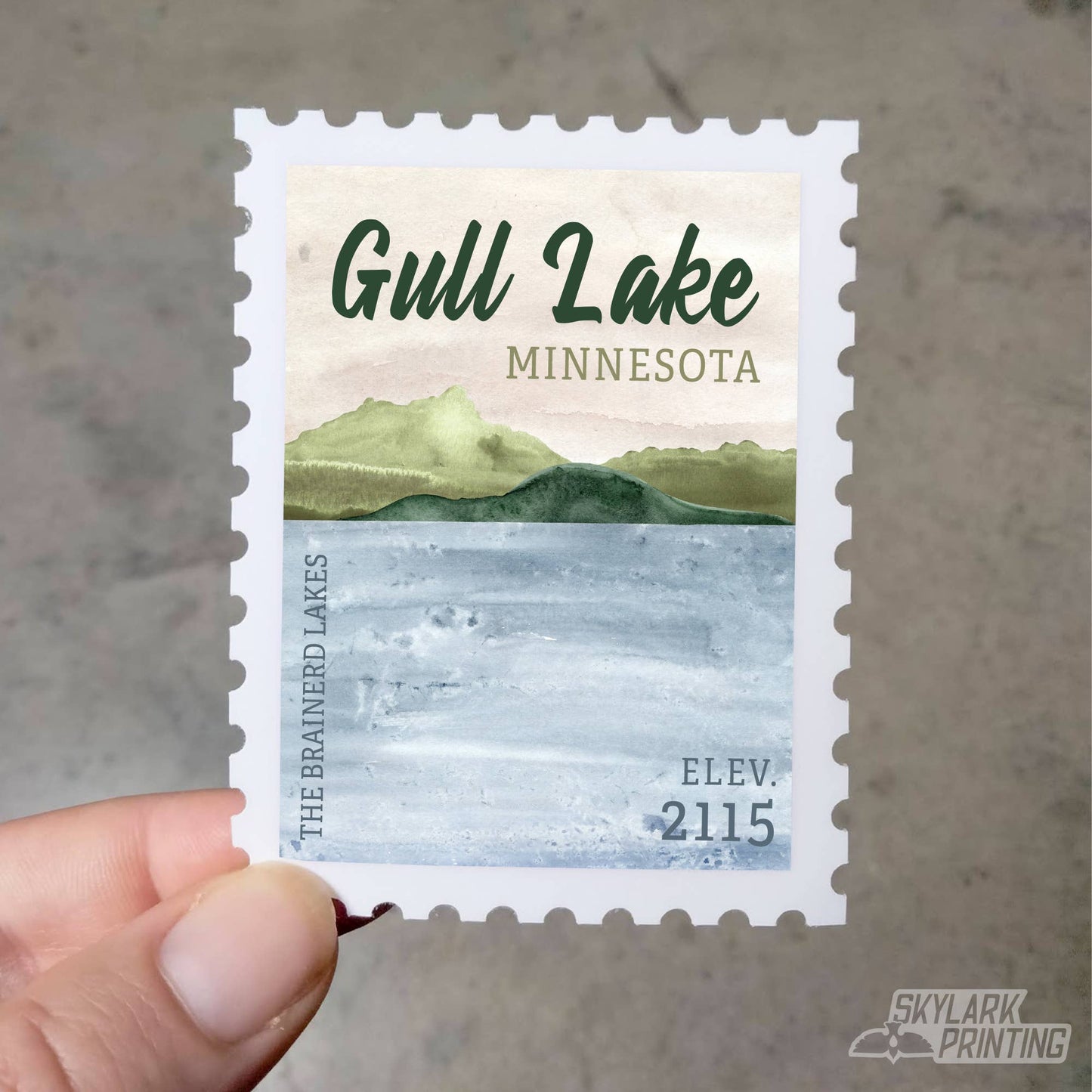 Skylark Printing - Lake Souvenir Sticker in Stamp Shape with Your City, State