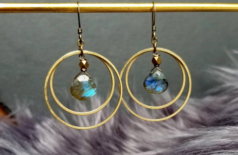 Edgy Petal Jewelry - Labradorite with Golden Double Circle Boho Hoop Earrings