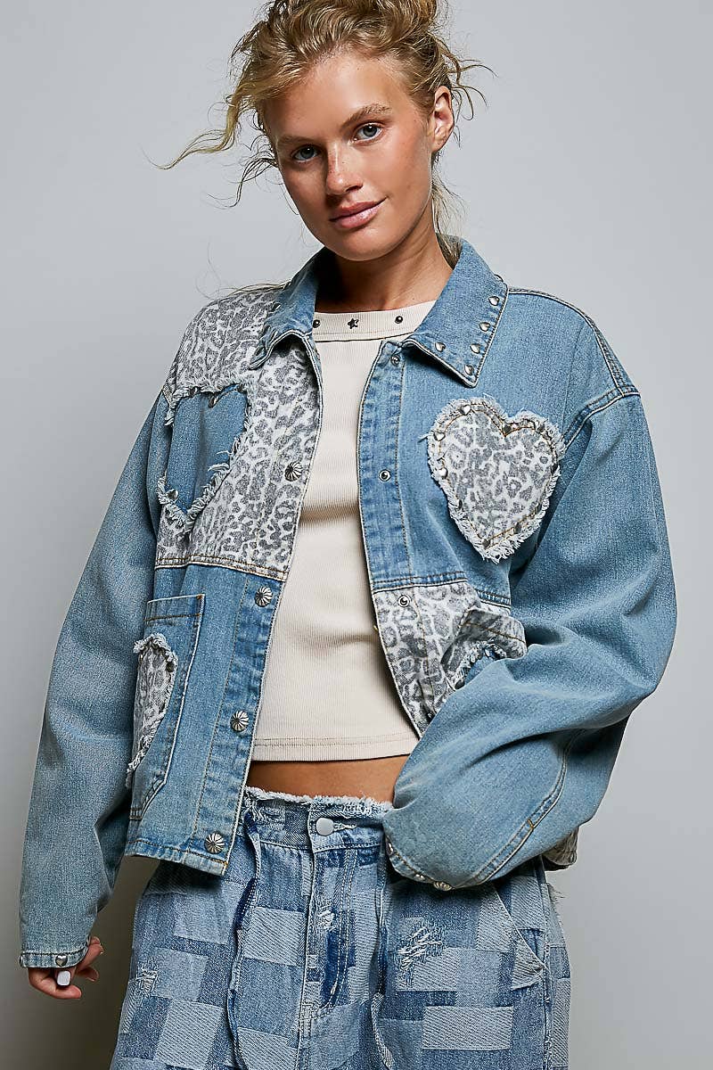 Pol Clothing - Heart-Shaped Patch Pockets Texture Stud Collar Woven Jacket