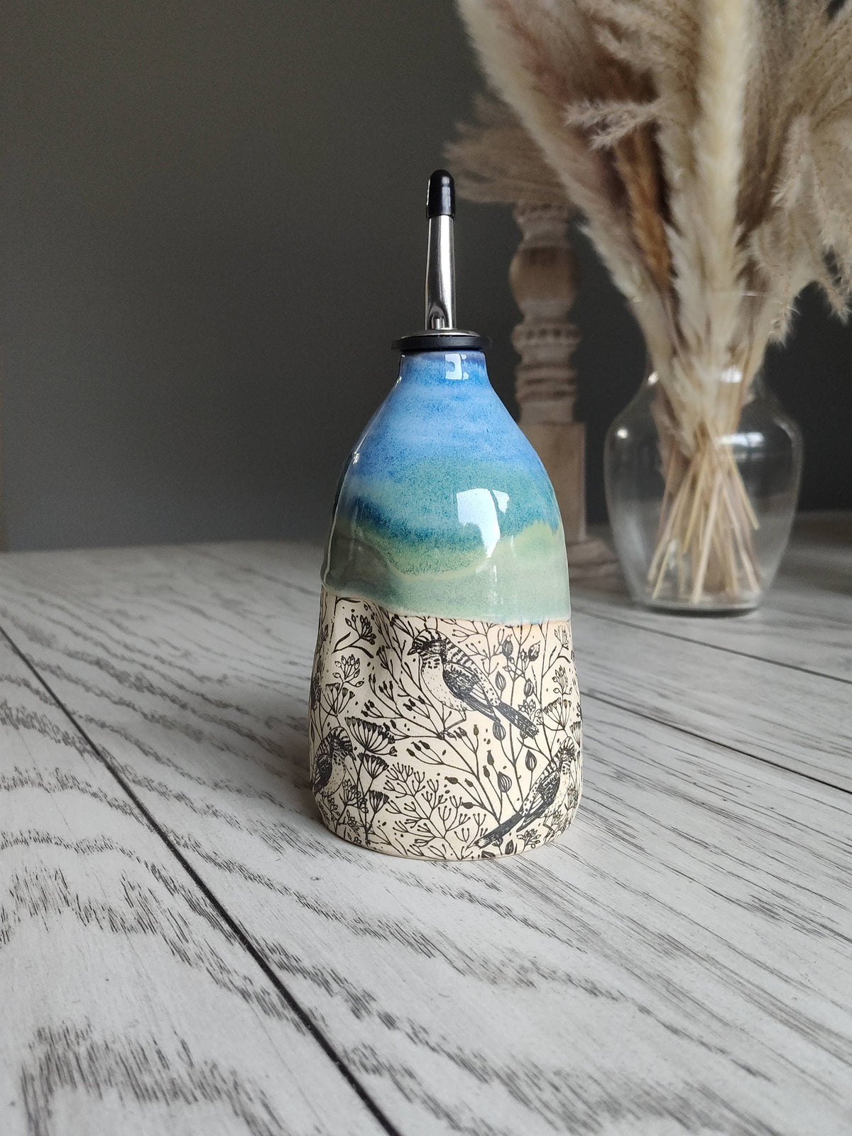 Rise and Design Art Studio - Floral Birds Ceramic Oil Dispenser- Blue, Green, & Cream
