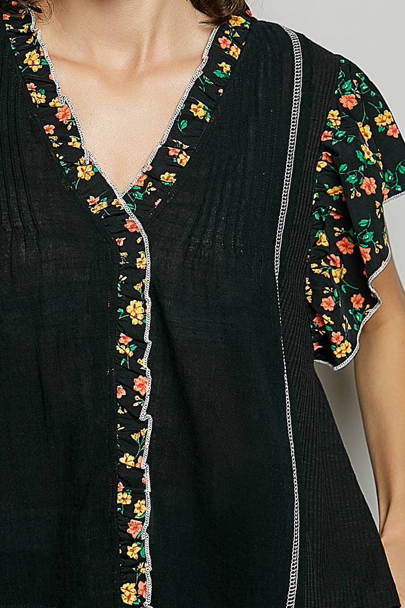 Pol Clothing - V neck Ruffle Sleeve Pintuck Contrast Woven Top