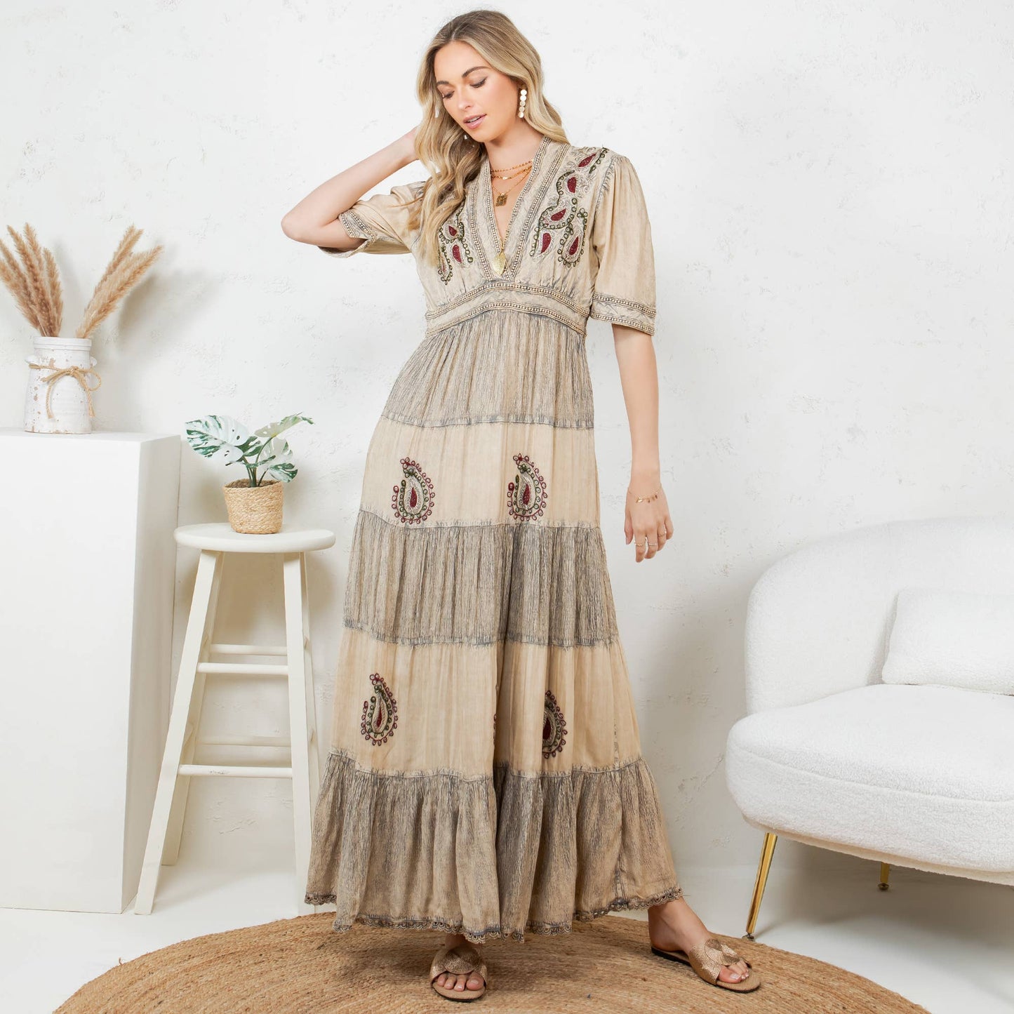 Young Threads - Boho Breeze: 5 Tiers V Neck Long Maxi Dress 
