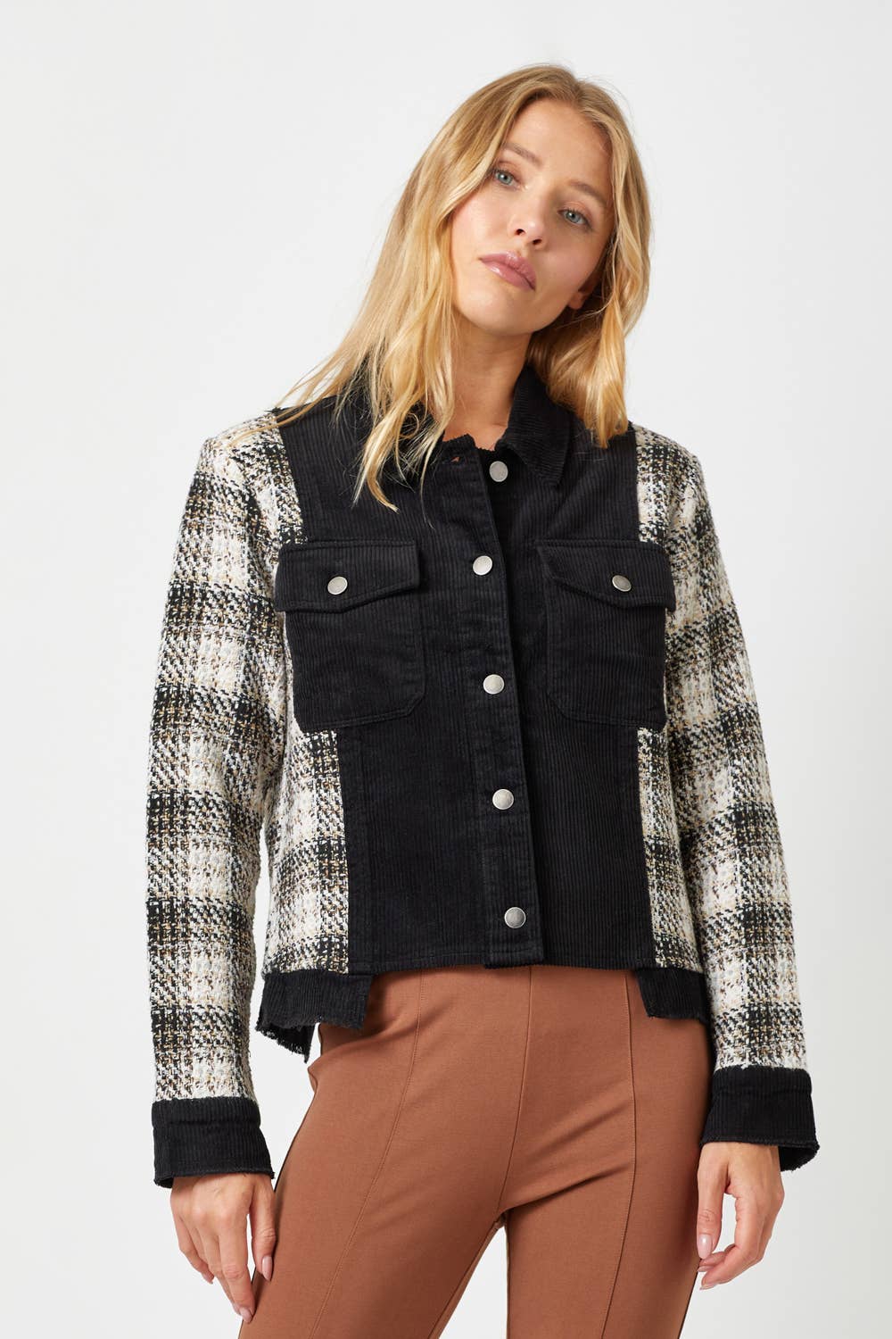 Mystree - 60213 Plaid Sleeve Corduroy Jacket