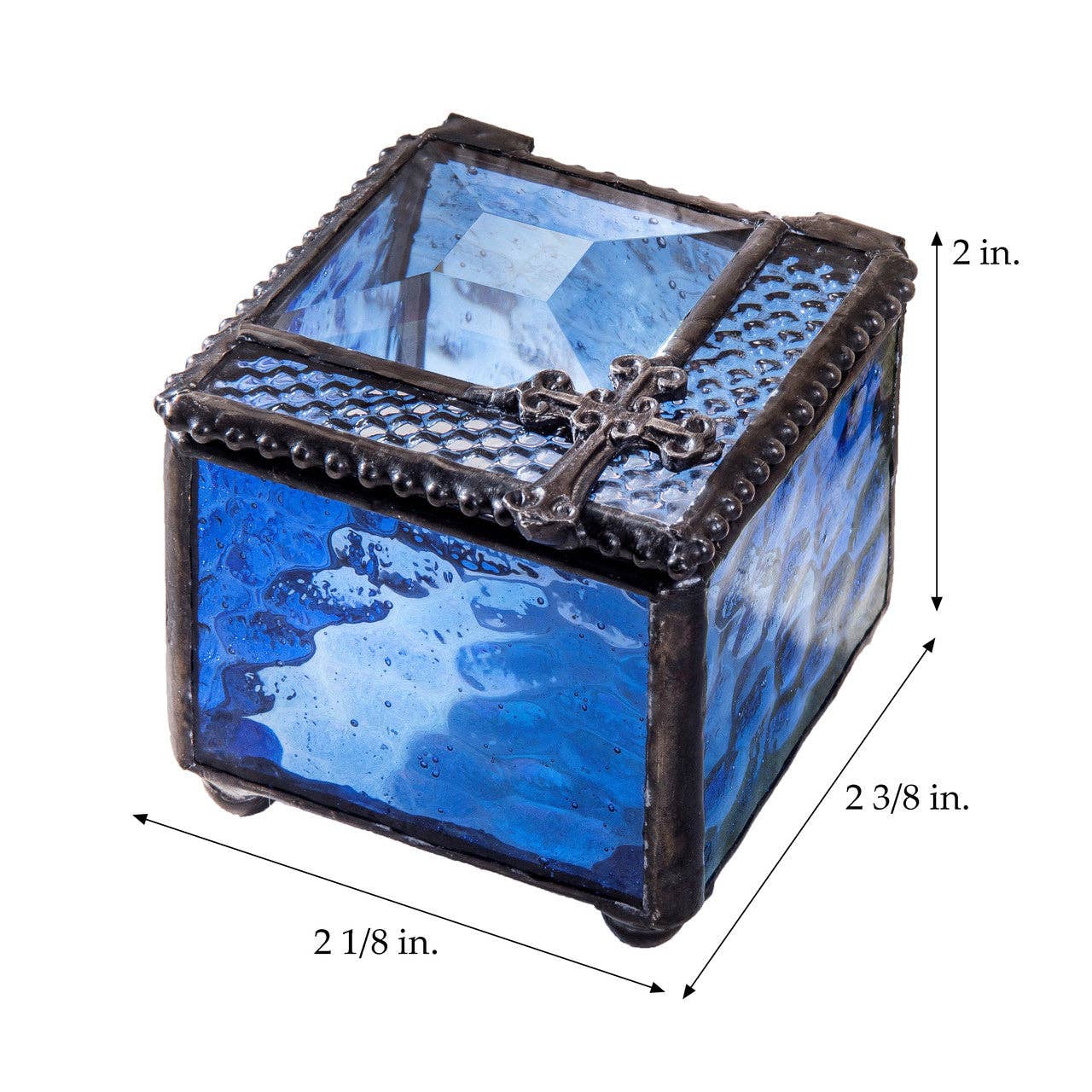 J Devlin Glass Art & Bert Anderson Collection - Blue Glass Jewelry Box with Filigree Cross | Faith Keepsake