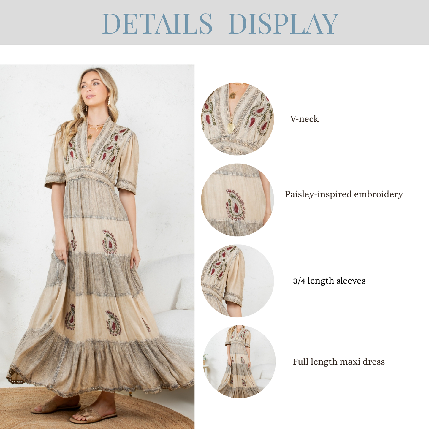 Young Threads - Boho Breeze: 5 Tiers V Neck Long Maxi Dress 