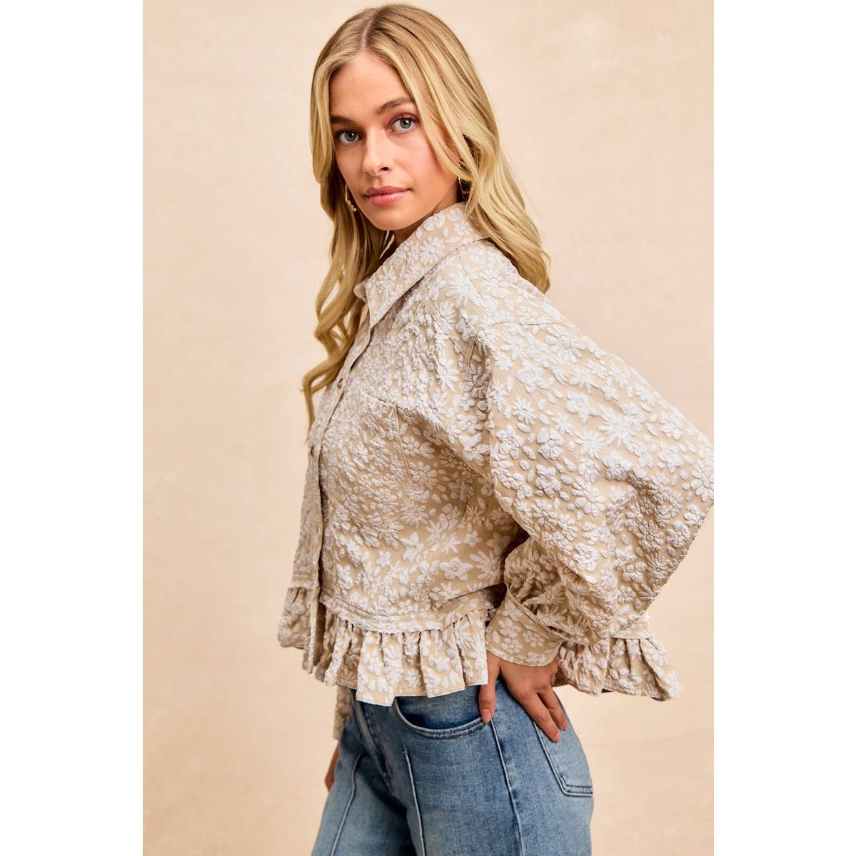 BiBi - TEXTURED FLORAL PATTERN RUFFLED HEM SHIRT TOP