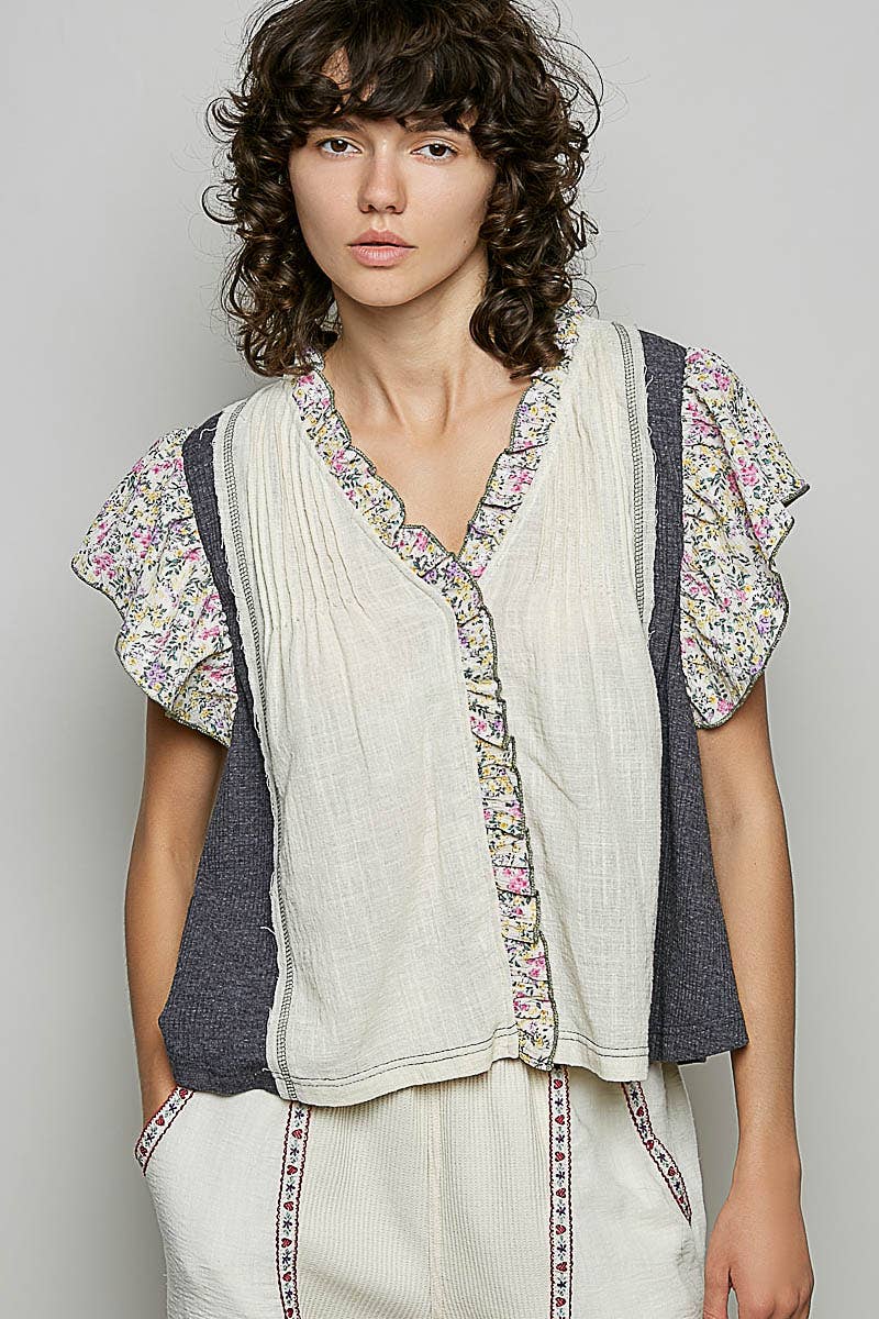 Pol Clothing - V neck Ruffle Sleeve Pintuck Contrast Woven Top