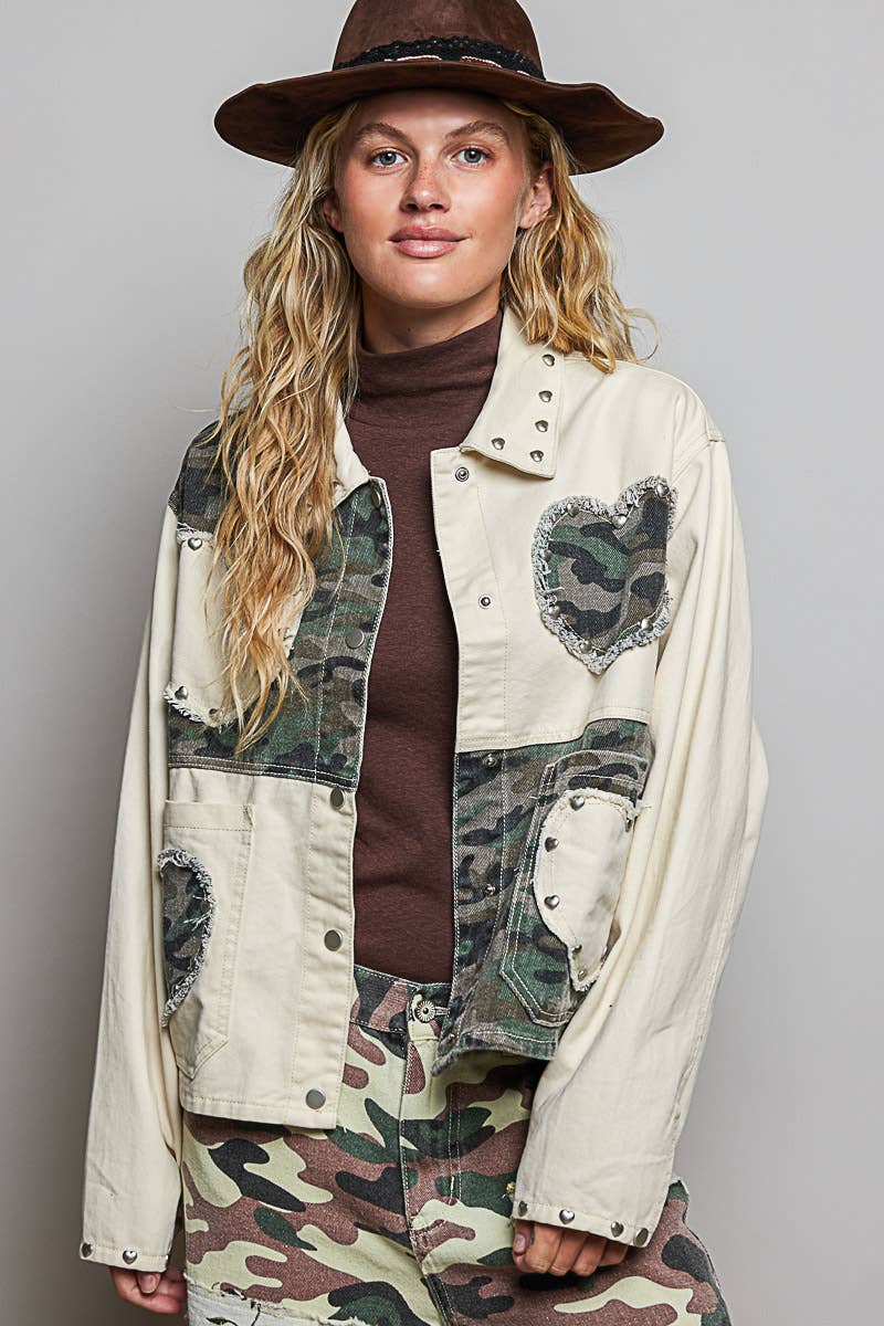 Pol Clothing - Heart-Shaped Patch Pockets Texture Stud Collar Woven Jacket