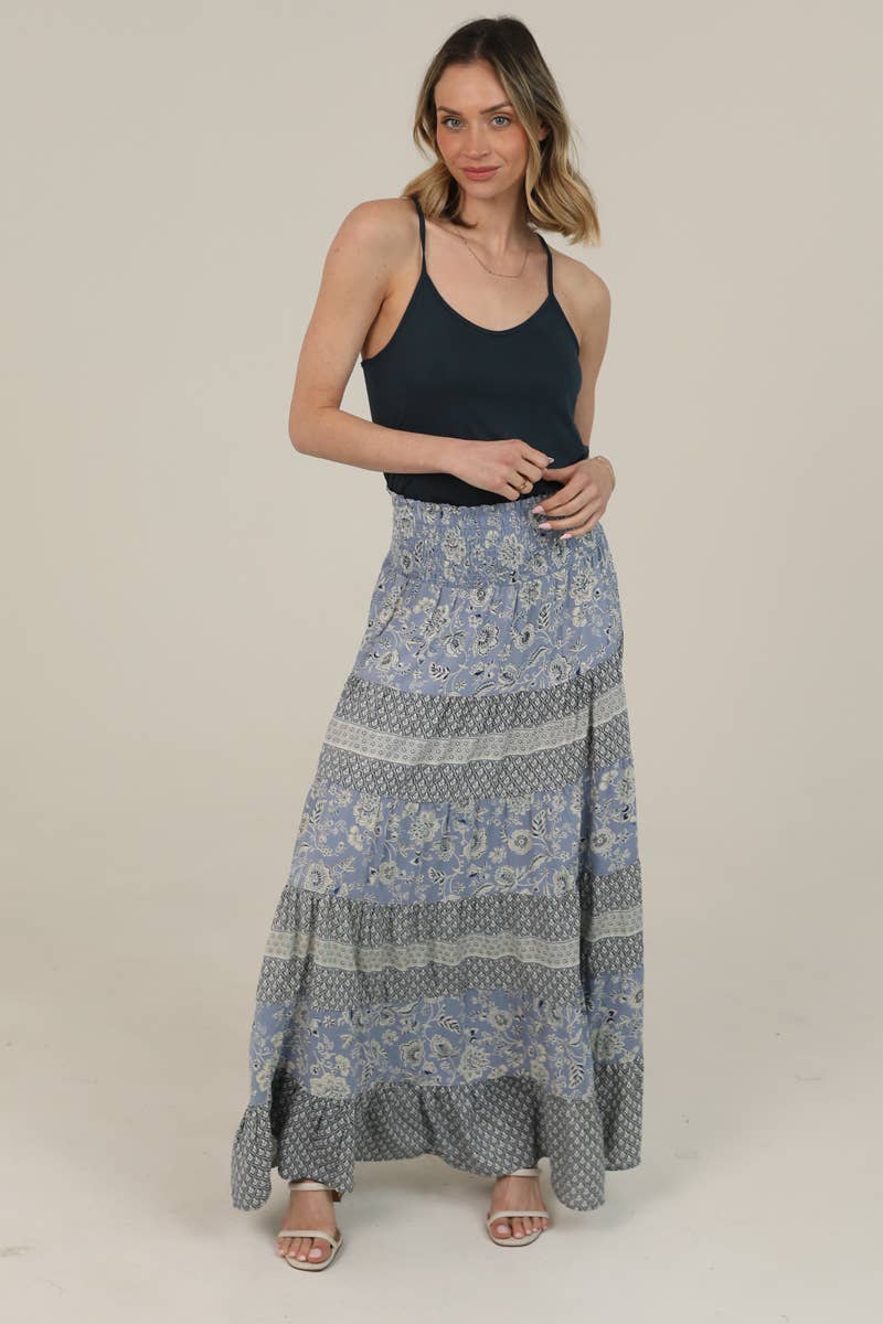 ANGIE - 26P57-WA26 TIERED A LINE SMOCKED WAIST MAXI SKIRT