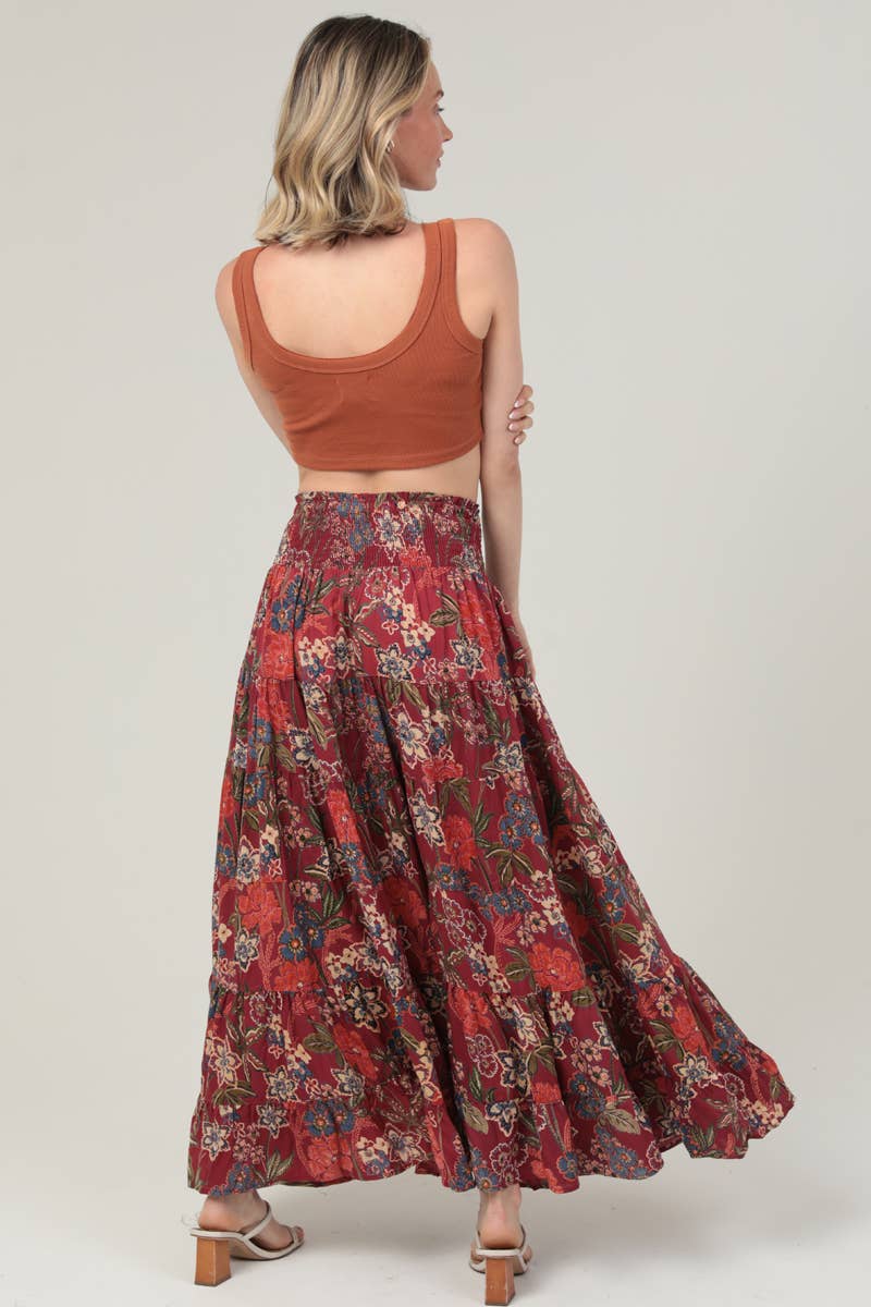 ANGIE - 26P57-FR38 TIERED A LINE SMOCKED WAIST PRINTED MAXI SKIRT