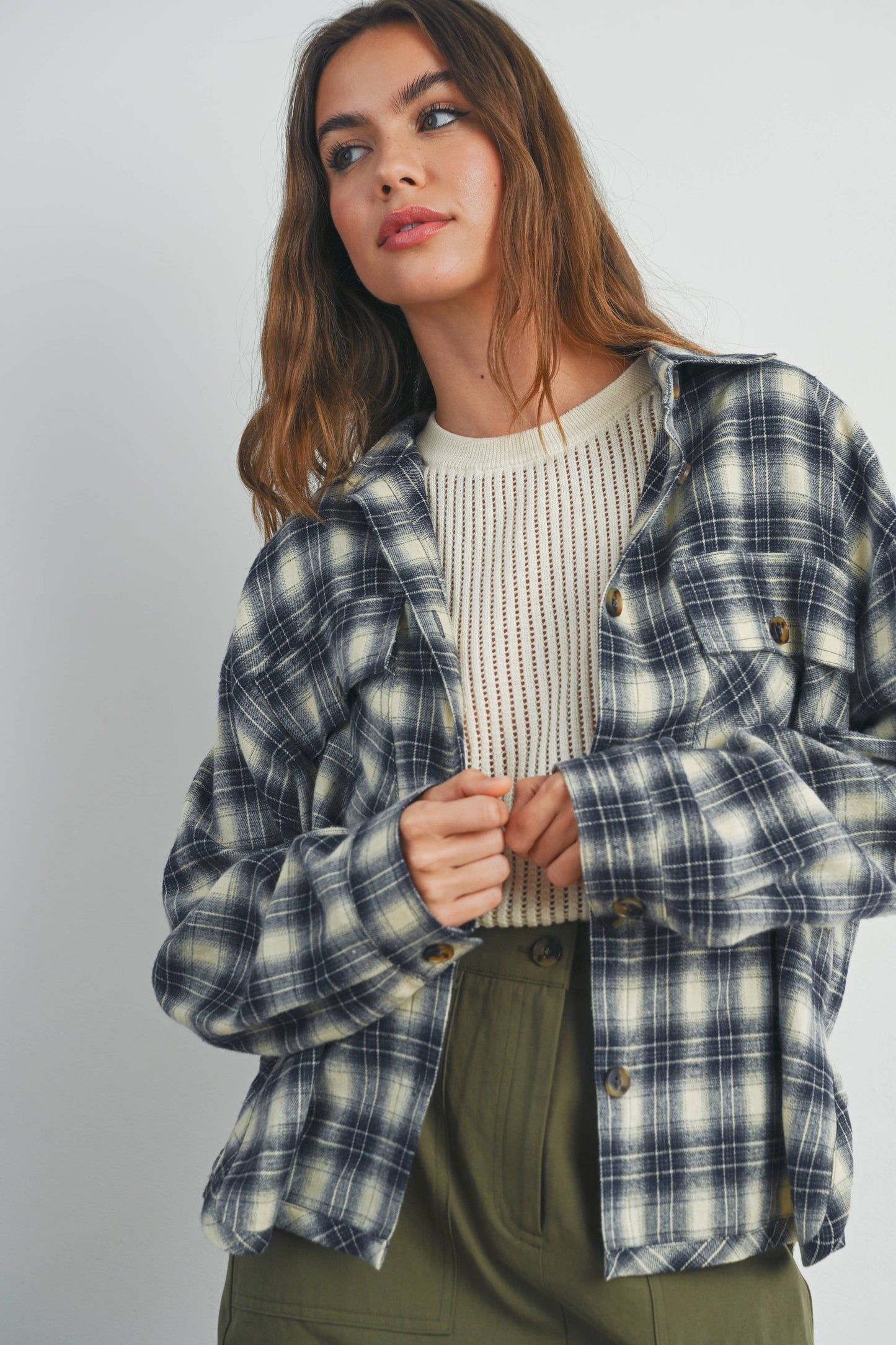 BUTTERMELON - Plaid Long-Sleeve Shirt Jacket - BMJ7328