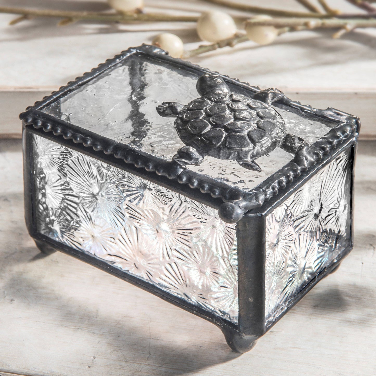 J Devlin Glass Art & Bert Anderson Collection - Glass Jewelry Box with Sea Turtle Accent Keepsake - J Devlin
