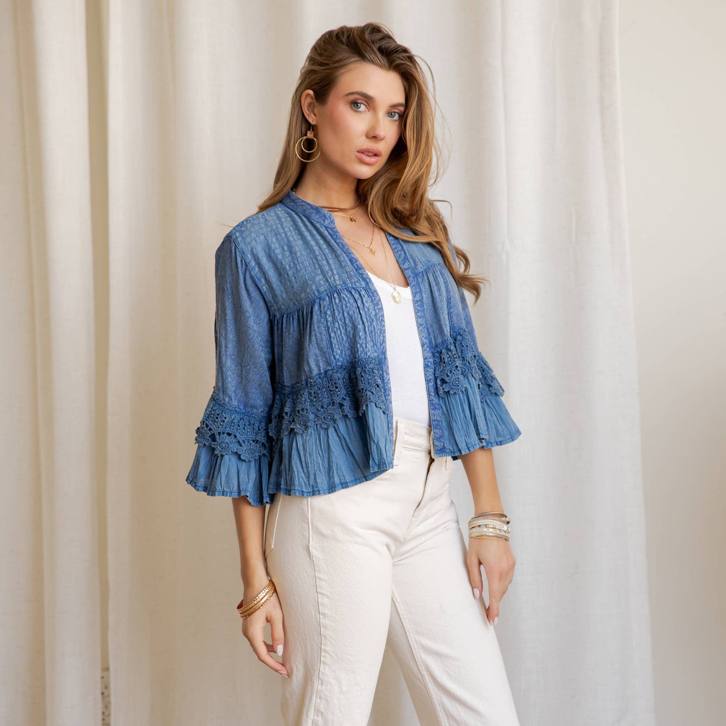Young Threads - Mineral Wash Tiered Crochet Lace Open Front Shrug - 3 Colors