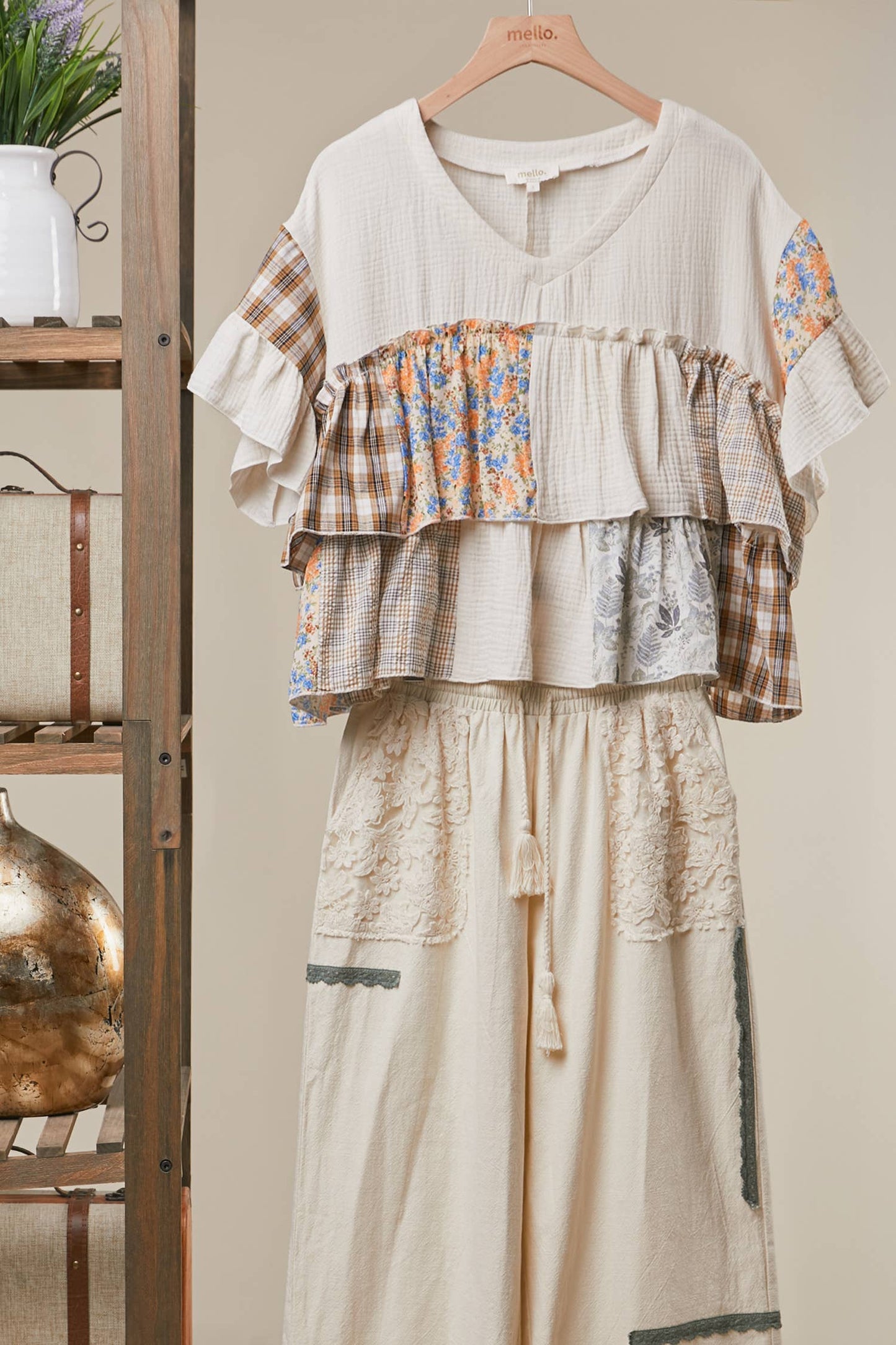 Mello. - Vintage Patchwork Ruffle Hem Top