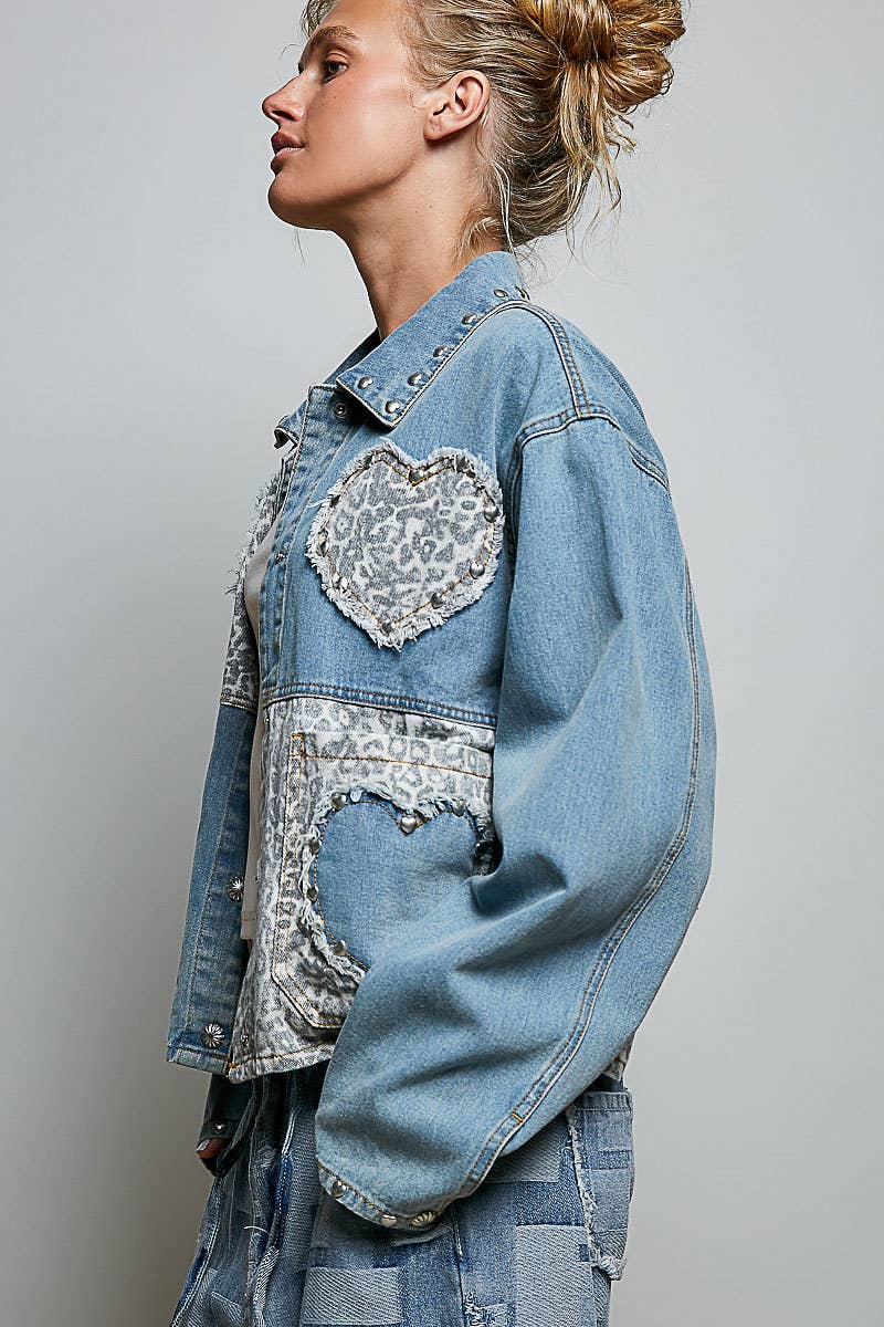 Pol Clothing - Heart-Shaped Patch Pockets Texture Stud Collar Woven Jacket
