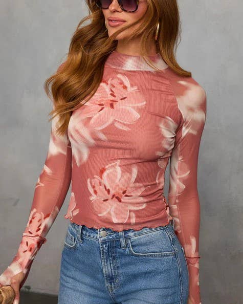 Rosa Clothing - Floral Lettuce Trim Mesh Mock Neck Lining Top