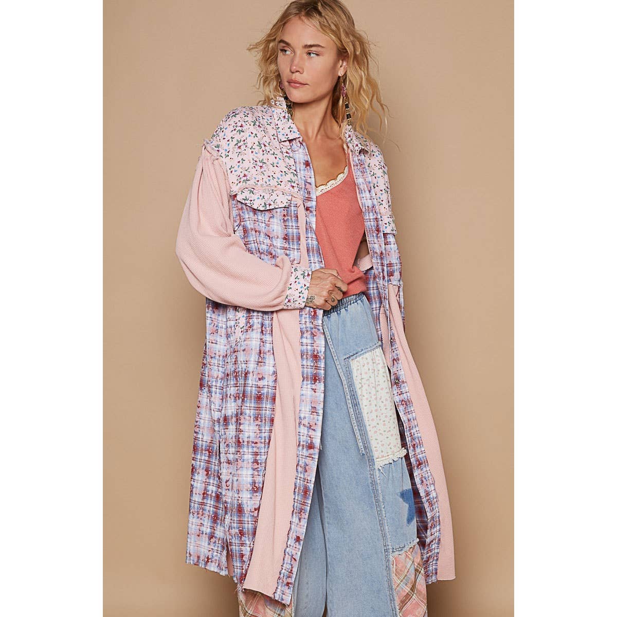 Pol Clothing - Balloon sleeve plaid floral contrast long placket jacket