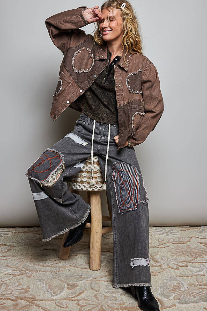 Pol Clothing - Heart-Shaped Patch Pockets Texture Stud Collar Woven Jacket