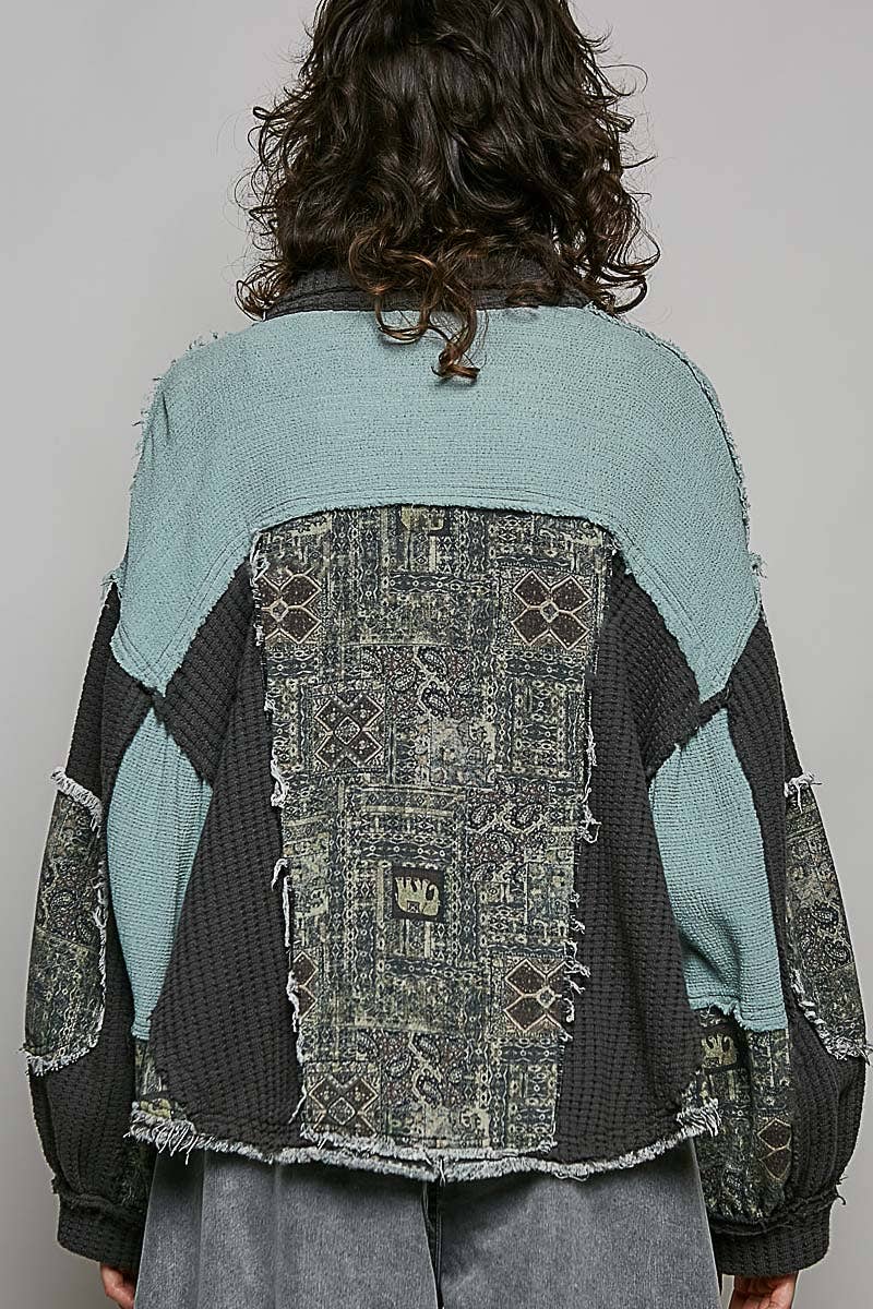 Pol Clothing - Balloon Sleeve Contrast Paisley Pattern Cropped Knit Jacket