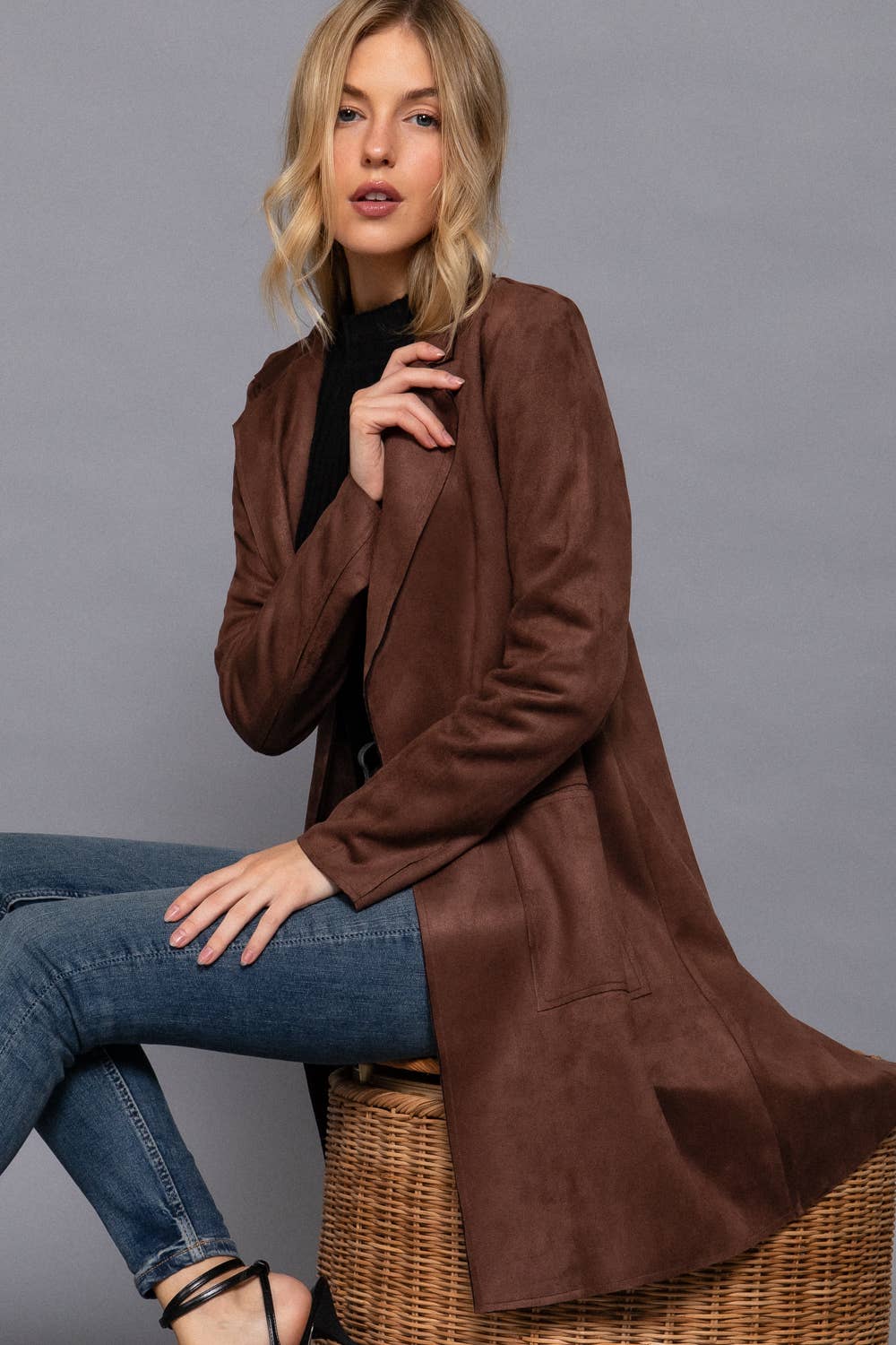 Active Basic | Active USA - Long Sleeve Open Front Faux Suede Jacket