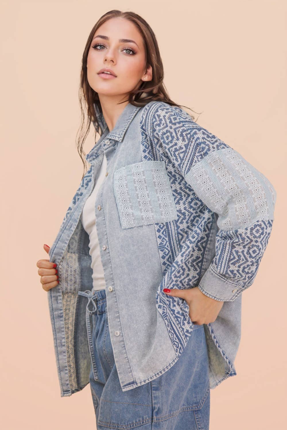 VERY J - NT12456-Oversized Washed Denim Shirt Top W/ Cont Fabric