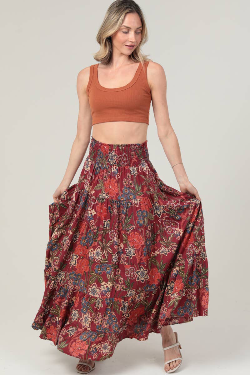 ANGIE - 26P57-FR38 TIERED A LINE SMOCKED WAIST PRINTED MAXI SKIRT