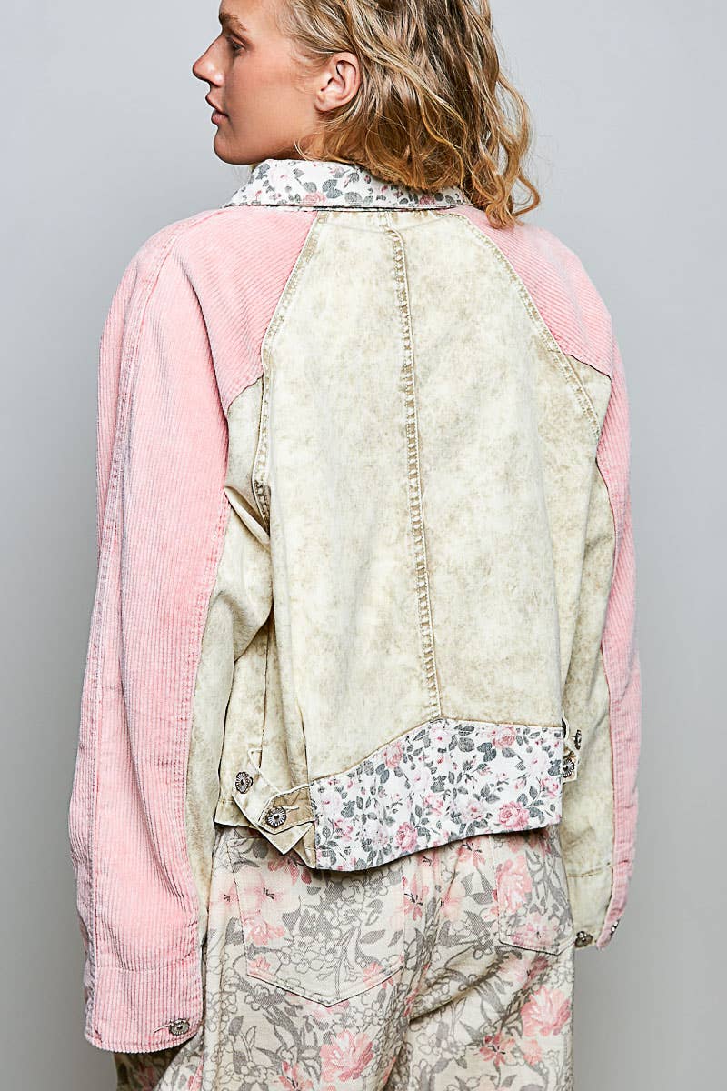 Pol Clothing - Soft Corduroy Sleeves Contrast Cropped Patchwork Jacket