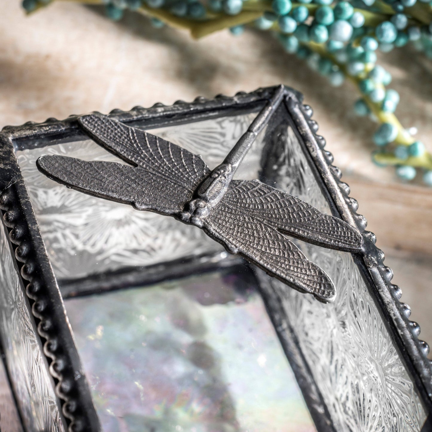 J Devlin Glass Art & Bert Anderson Collection - Art Glass Box with Dragonfly Filigree - Decorative Keepsake