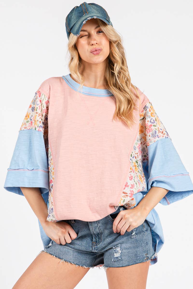 Sewn and Seen - WASHED FLORAL PATCHWORK OVERSIZED CONTRAST TEE