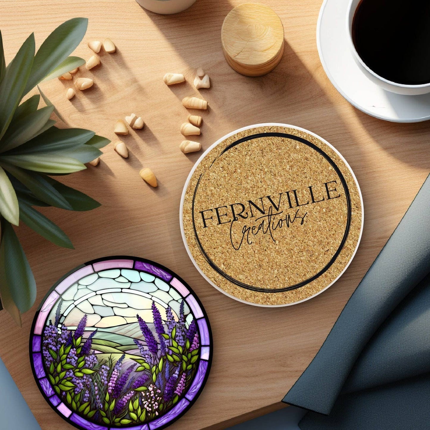 Fernville Creations - Lavender Floral Ceramic Coaster, Eco-Friendly Home Decor