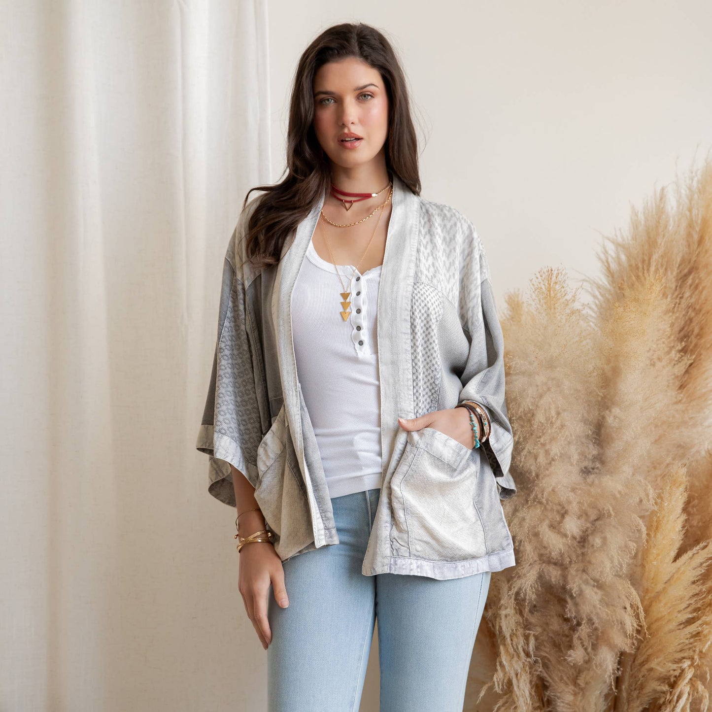 Young Threads - Boho Textured Mixed-Print Kimono with Pouch Pockets